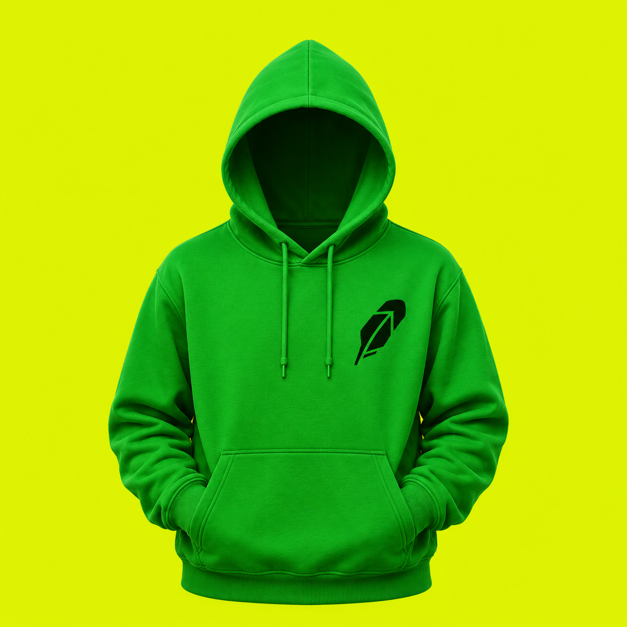 Green ROBINHOODIE hoodie on an acid-yellow background